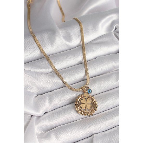 316L Çelik Gold Renk İtalyan Zincir Dorika Yonca Model Nazar Boncuk Detay Kadın Kolye 316L Çelik Gold Renk İtalyan Zincir Dorika Yonca Model Nazar Boncuk Detay Kadın Kolye