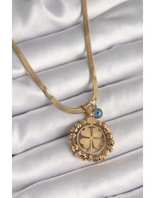 316L Çelik Gold Renk İtalyan Zincir Dorika Yonca Model Nazar Boncuk Detay Kadın Kolye