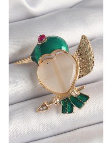 Pirinç Gold Renk Beyaz Mineli Kalp Yeşil Sinek Kuşu Model Pembe Zirkon Taş Detay Kadın Broş