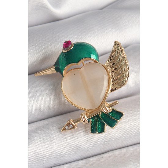 Pirinç Gold Renk Beyaz Mineli Kalp Yeşil Sinek Kuşu Model Pembe Zirkon Taş Detay Kadın Broş Pirinç Gold Renk Beyaz Mineli Kalp Yeşil Sinek Kuşu Model Pembe Zirkon Taş Detay Kadın Broş