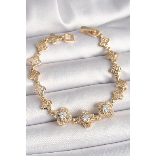Pirinç Gold Renk Zirkon Taşlı Yonca Model Kadın Bileklik Pirinç Gold Renk Zirkon Taşlı Yonca Model Kadın Bileklik