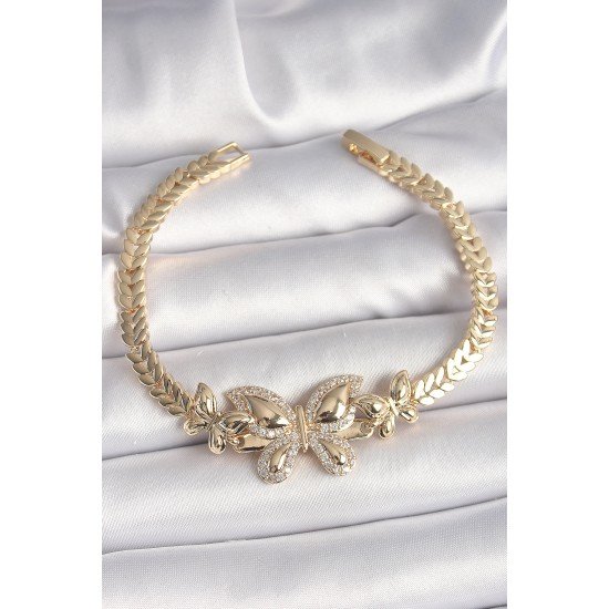 Pirinç Gold Renk Zirkon Taşlı Kelebek Model Kadın Bileklik Pirinç Gold Renk Zirkon Taşlı Kelebek Model Kadın Bileklik