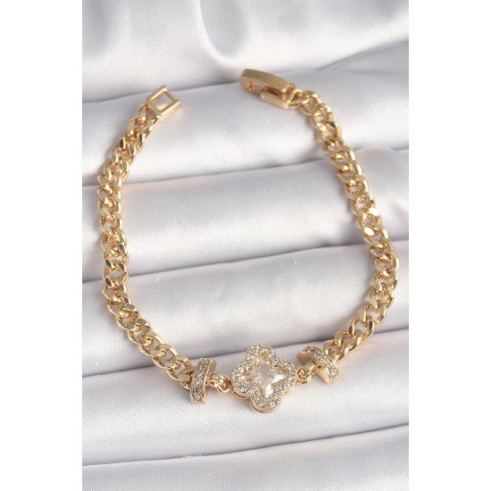 Pirinç Gold Renk Zirkon Taşlı Yonca Figür Zincir Model Kadın Bileklik Pirinç Gold Renk Zirkon Taşlı Yonca Figür Zincir Model Kadın Bileklik