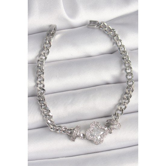 Pirinç Gümüş Renk Zirkon Taşlı Yonca Figür Zincir Model Kadın Bileklik