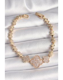 Pirinç Gold Renk Zirkon Taşlı Yonca Model Zincir Kadın Bileklik