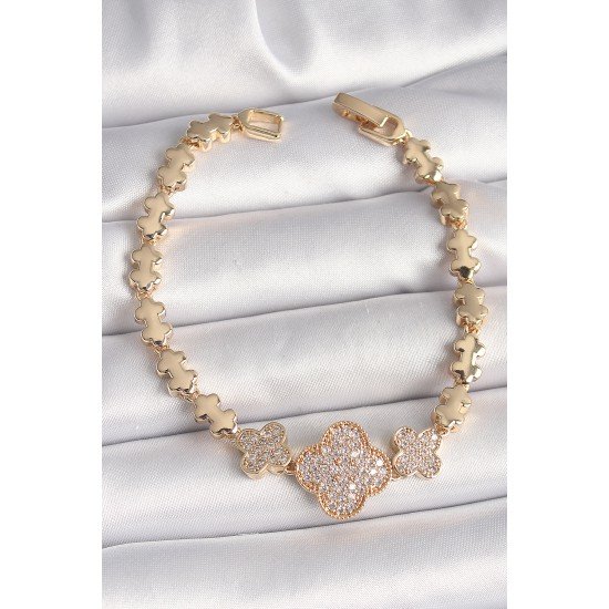Pirinç Gold Renk Zirkon Taşlı Yonca Model Zincir Kadın Bileklik Pirinç Gold Renk Zirkon Taşlı Yonca Model Zincir Kadın Bileklik