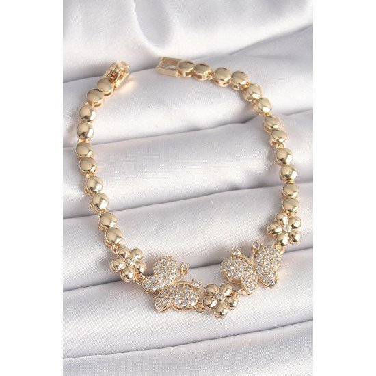 Pirinç Gold Renk Zirkon Taşlı Kelebek Figür Çiçek Zincir Model Kadın Bileklik Pirinç Gold Renk Zirkon Taşlı Kelebek Figür Çiçek Zincir Model Kadın Bileklik