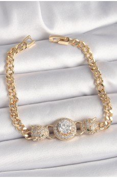 Pirinç Gold Renk Zirkon Taşlı Leopar Figür Zincir Model Kadın Bileklik