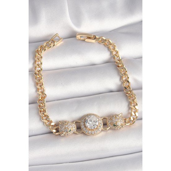 Pirinç Gold Renk Zirkon Taşlı Leopar Figür Zincir Model Kadın Bileklik Pirinç Gold Renk Zirkon Taşlı Leopar Figür Zincir Model Kadın Bileklik