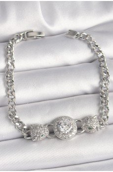 Pirinç Gümüş Renk Zirkon Taşlı Leopar Figür Zincir Model Kadın Bileklik