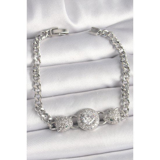 Pirinç Gümüş Renk Zirkon Taşlı Leopar Figür Zincir Model Kadın Bileklik Pirinç Gümüş Renk Zirkon Taşlı Leopar Figür Zincir Model Kadın Bileklik