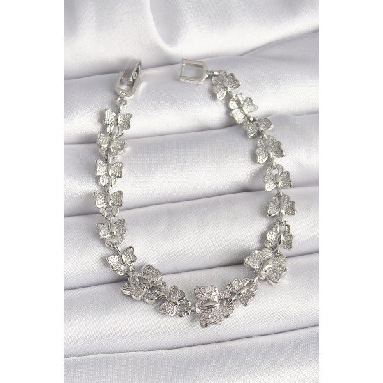 Pirinç Gümüş Renk Zirkon Taşlı Kelebek Model Zincir Kadın Bileklik Pirinç Gümüş Renk Zirkon Taşlı Kelebek Model Zincir Kadın Bileklik