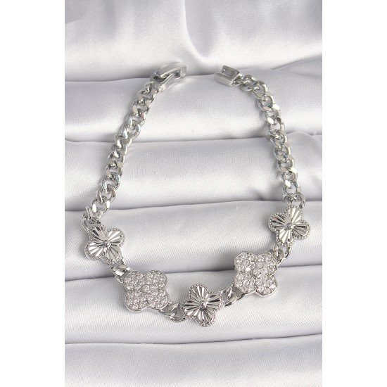 Pirinç Gümüş Renk Zincir Yonca Model Kadın Bileklik Pirinç Gümüş Renk Zincir Yonca Model Kadın Bileklik