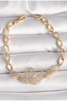 Pirinç Gold Renk Zirkon Taşlı Kuğu Figür Damla Zincir Model Kadın Bileklik