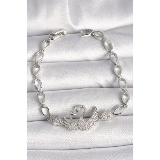 Pirinç Gümüş Renk Zirkon Taşlı Kuğu Figür Damla Zincir Model Kadın Bileklik