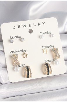 Pirinç Gold Renk Zirkon Taş Yıldız Detaylı İncili 7'Li Set Kadın Küpe Seti