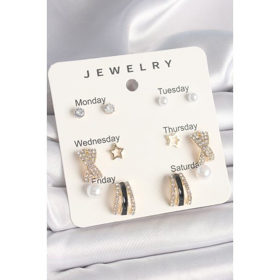 Pirinç Gold Renk Zirkon Taş Yıldız Detaylı İncili 7'Li Set Kadın Küpe Seti Pirinç Gold Renk Zirkon Taş Yıldız Detaylı İncili 7'Li Set Kadın Küpe Seti