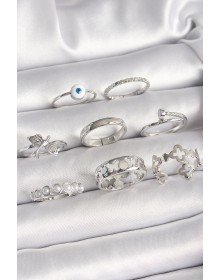 Pirinç Gümüş Renk Nazar Boncuk Detay İncili Kelebek İşlemeli Kadın Yüzük Kombini