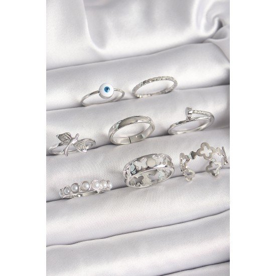 Pirinç Gümüş Renk Nazar Boncuk Detay İncili Kelebek İşlemeli Kadın Yüzük Kombini