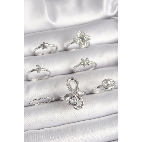 Pirinç Gümüş Renk Yonca Figür Sonsuzluk Zirkon Taşlı Kalp Detay Kadın Yüzük Kombini