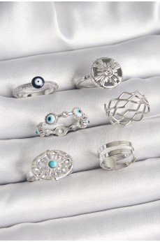 Pirinç Gümüş Renk Nazar Boncuk Zirkon Taş Detaylı Dalga Figür Kadın Yüzük Kombini