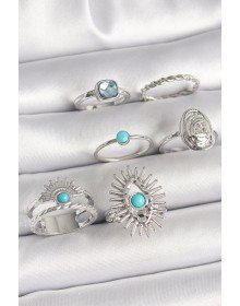 Pirinç Gümüş Renk Mavi Taşlı Kare Zirkon Taş Detaylı Kadın Yüzük Kombini