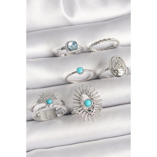 Pirinç Gümüş Renk Mavi Taşlı Kare Zirkon Taş Detaylı Kadın Yüzük Kombini