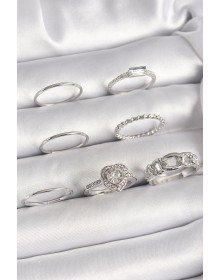 Pirinç Gümüş Renk Zirkon Taşlı Kalp Model Kadın Yüzük Kombini