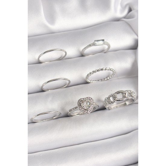 Pirinç Gümüş Renk Zirkon Taşlı Kalp Model Kadın Yüzük Kombini