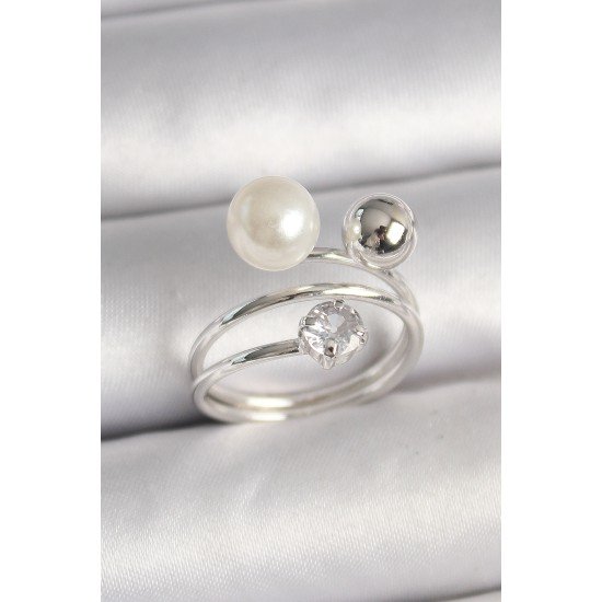 Pirinç Gümüş Renk Zirkon Taşlı Toplu İnci Model Kadın Yüzük