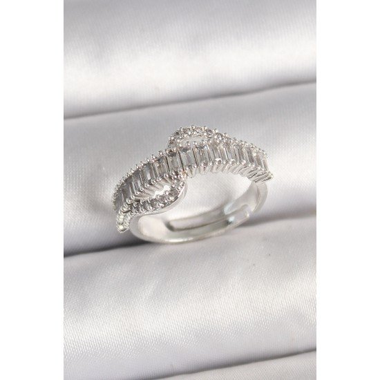 Pirinç Gümüş Renk Su Yolu Zirkon Taşlı Ayarlanabilir Model Kadın Yüzük Pirinç Gümüş Renk Su Yolu Zirkon Taşlı Ayarlanabilir Model Kadın Yüzük