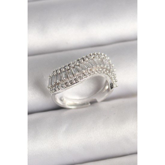 Pirinç Gümüş Renk Su Yolu Zirkon Dalga Model Ayarlanabilir Kadın Yüzük