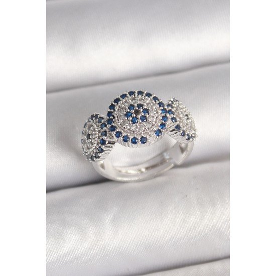 Pirinç Gümüş Renk Zirkon Taşlı Nazar Boncuk Model Ayarlanabilir Kadın Yüzük Pirinç Gümüş Renk Zirkon Taşlı Nazar Boncuk Model Ayarlanabilir Kadın Yüzük