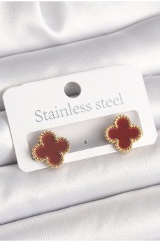 Pirinç Gold Renk Bordo Yonca Model Kadın Küpe