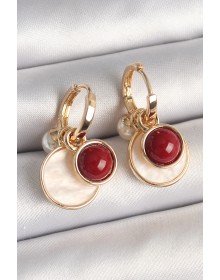 Pirinç Gold Renk Sallantı Beyaz Mineli Bordo Detay Kadın Küpe