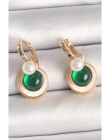 Pirinç Gold Renk Beyaz Yeşil Sallantı Mineli Kadın Küpe