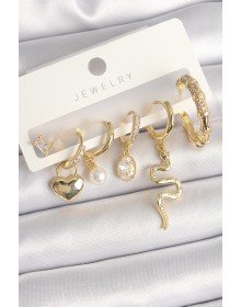 Pirinç Gold Renk Sallantı Yılan Model Zirkon Taşlı Halka Kilit Kalp Detay Kadın Küpe Seti
