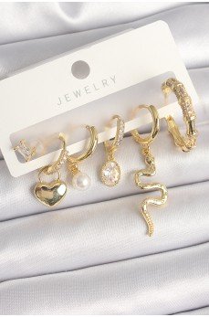 Pirinç Gold Renk Sallantı Yılan Model Zirkon Taşlı Halka Kilit Kalp Detay Kadın Küpe Seti