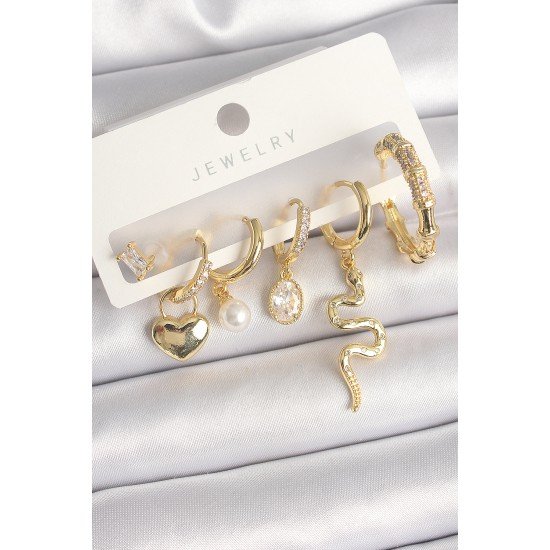 Pirinç Gold Renk Sallantı Yılan Model Zirkon Taşlı Halka Kilit Kalp Detay Kadın Küpe Seti Pirinç Gold Renk Sallantı Yılan Model Zirkon Taşlı Halka Kilit Kalp Detay Kadın Küpe Seti