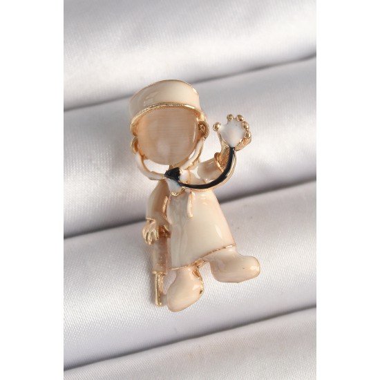 Pirinç Gold Renk Beyaz Mineli Doktor Model Kadın Broş