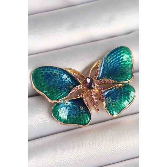 Pirinç Gold Renk Turquaz Model Zirkon Taş Detaylı Kelebek Model Kadın Broş