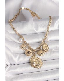 316L Çelik Gold Renk Ay Güneş Figür Deniz Kabuğu Detay Kadın Kolye