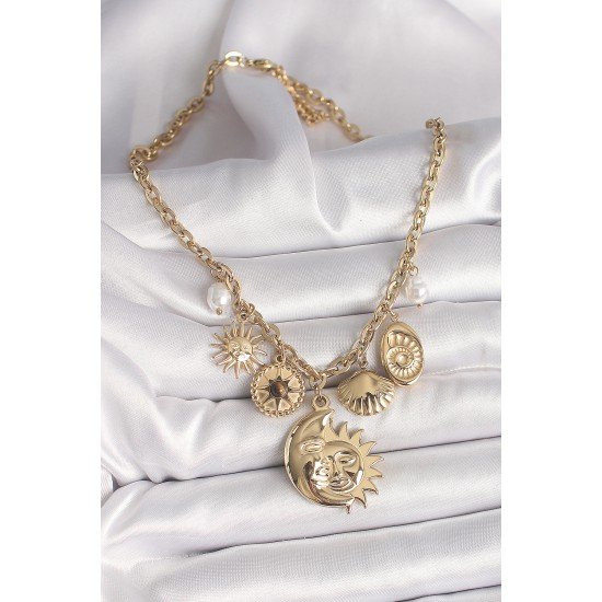 316L Çelik Gold Renk Ay Güneş Figür Deniz Kabuğu Detay Kadın Kolye 316L Çelik Gold Renk Ay Güneş Figür Deniz Kabuğu Detay Kadın Kolye