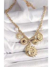 316L Çelik Gold Renk Ay Güneş Figür Deniz Kabuğu Detay Kadın Kolye