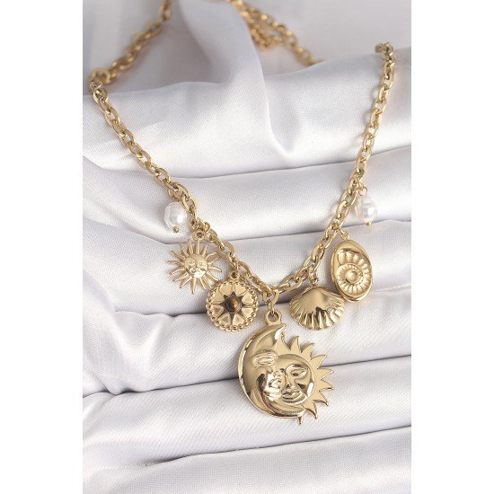 316L Çelik Gold Renk Ay Güneş Figür Deniz Kabuğu Detay Kadın Kolye 316L Çelik Gold Renk Ay Güneş Figür Deniz Kabuğu Detay Kadın Kolye