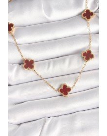 316L Çelik Gold Renk Zincir Bordo Yonca Model Kadın Kolye