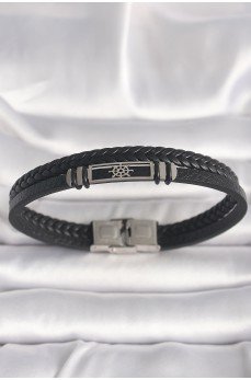 316L Çelik Gümüş Renk Gemi Dümeni Figür Siyah Burgu Deri Kordon Model Erkek Bileklik