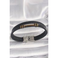 316L Çelik Gold Renk ZikZak İşlemeli Aksesuarlı Çift Sıra Burgu Desenli Deri Kordon Erkek Bileklik