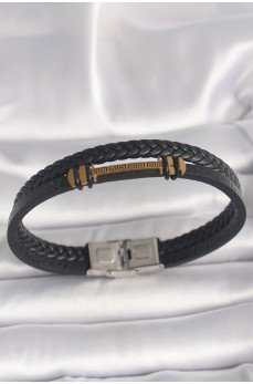 316L Çelik Gold Renk ZikZak İşlemeli Aksesuarlı Çift Sıra Burgu Desenli Deri Kordon Erkek Bileklik