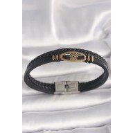 316L Çelik Gold Renk Gemi Dümen Figür Siyah Renk Çift Sıra Burgu Desenli Deri Kordon Erkek Bileklik